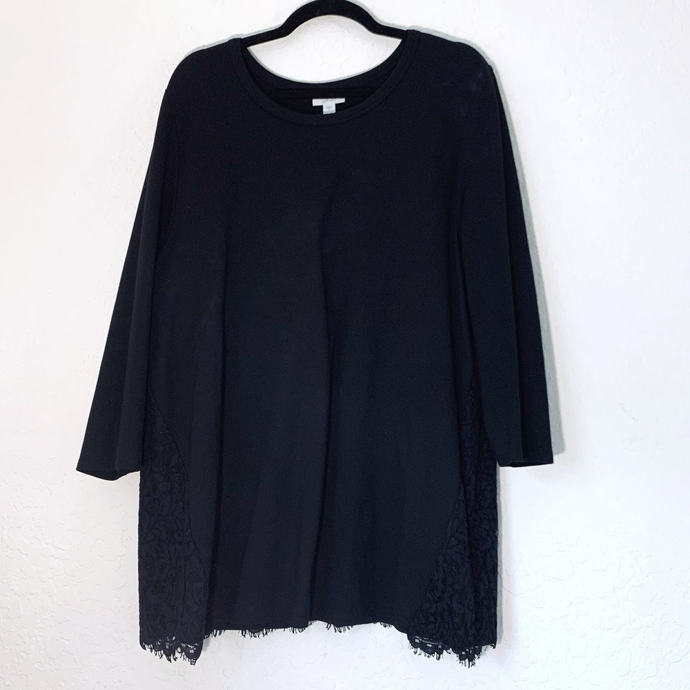 J Jill Ponte Knit Tunic Top Women XL Black Lace 3/4 Sleeves Lagenlook Minimalist